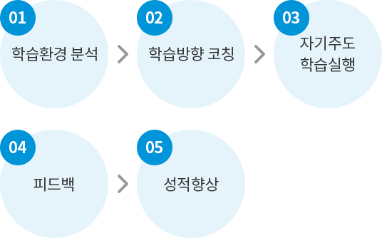 01.학습환경 분석 → 02. 학습방향 코칭 → 03.자기주도 학습실행 → 04.피드백 → 05.성적향상